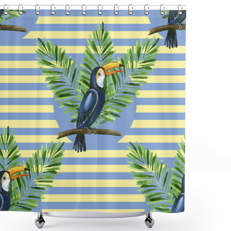 Personality  Toucan And Banana Leaves On The Stiped Background Seamless Pattern. Shower Curtains