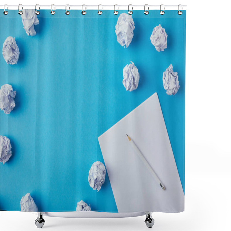 Personality  Top View Of Crumpled Papers With Blank Paper And Pencil On Blue Surface Shower Curtains