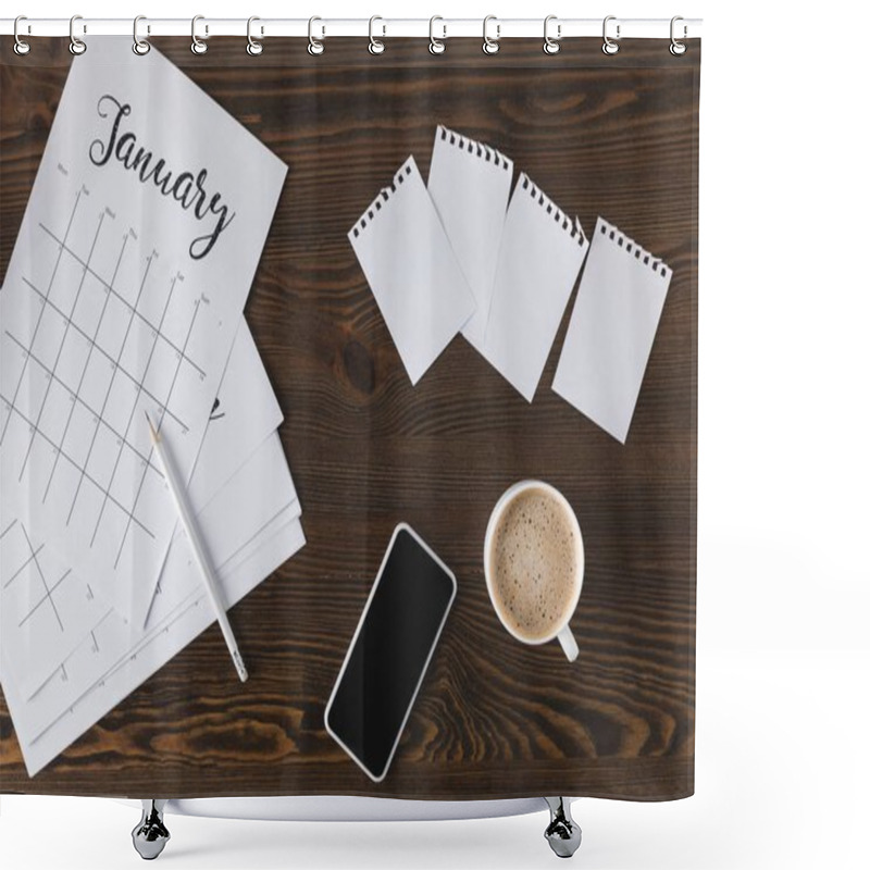 Personality  Flat Lay With Empty Notebook, Calendar, Pencil And Smartphone On Wooden Surface Shower Curtains