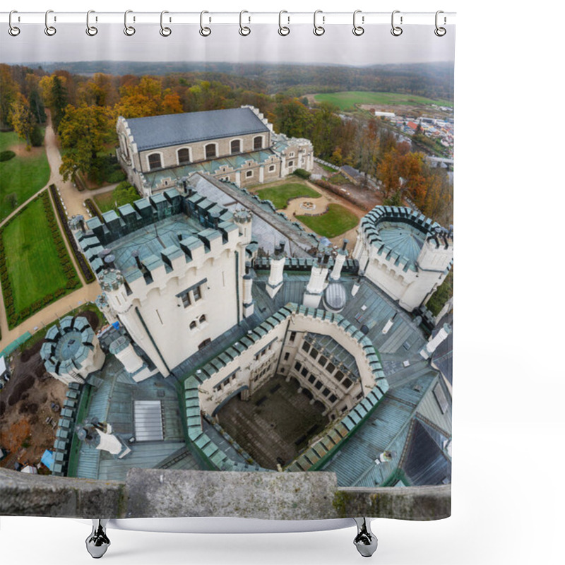 Personality  Aerial View Of Hluboka Castle In The Czech Republic, Highlighting The Roof And Surrounding Area. This Stunning Landmark Is A Masterpiece Of Neo-gothic Architecture In South Bohemia Shower Curtains