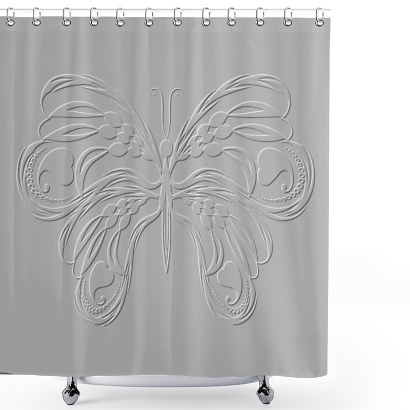 Personality  Embossed Butterfly. Vector Textured Background. 3d Pattern. Grunge Texture With Embossing Effect. Beautiful Ornamental Abstract Butterfly With Love Hearfs, Dots, Paisley Flowers, Leaves. Ornate Design Shower Curtains