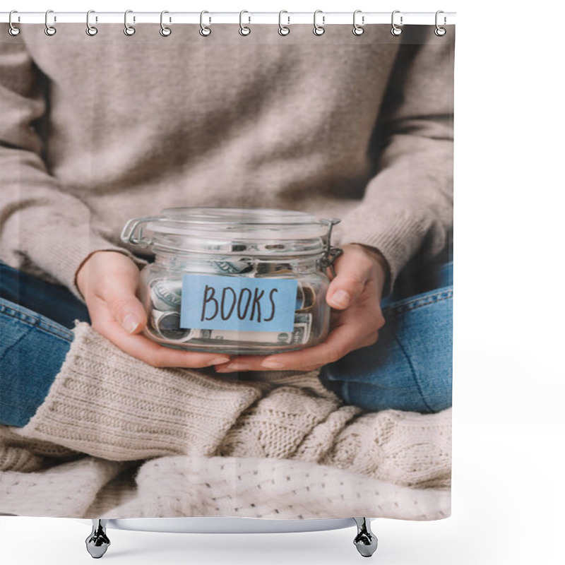 Personality  Cropped Shot Of Girl Holding Glass Jar With Savings And Label Books Shower Curtains