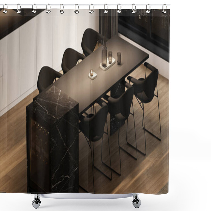 Personality  An exquisite dining area featuring a large matte table, designer chairs, and marble wine cabinet, illuminated by city lights in a 3d render scene. shower curtains