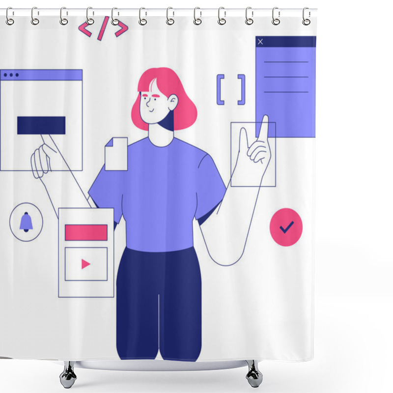 Personality  Female Programmer Surrounded By Digital Interface Elements Like Windows, Icons, And Buttons, Representing Software Development And Innovative Coding Concepts. Shower Curtains