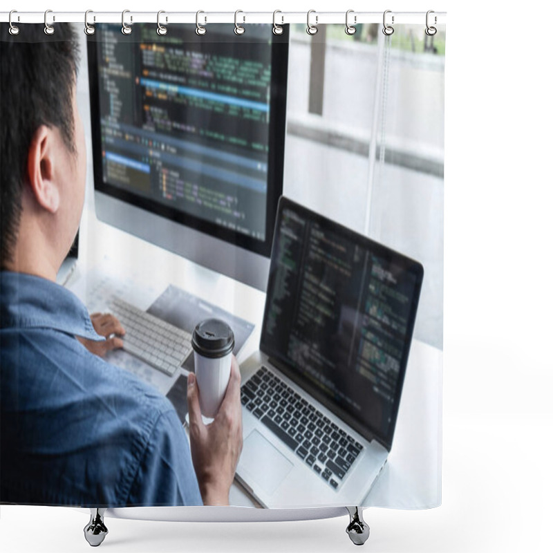 Personality  Professional Team Of Programmer Working On Project In Software Development Computer In IT Company Office, Writing Codes And Data Code Website And Coding Database Technologies On New Application. Shower Curtains