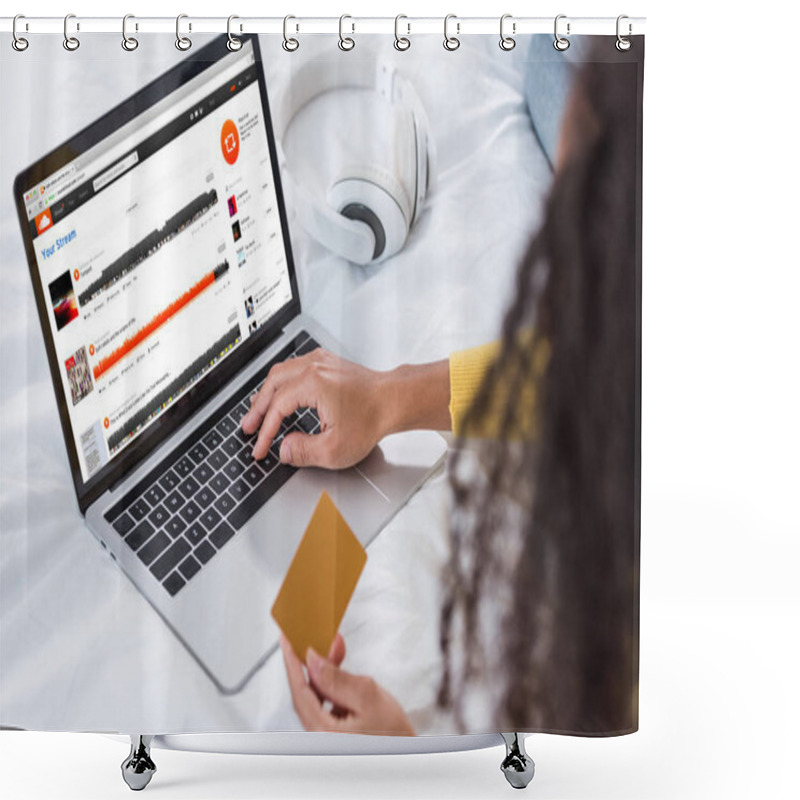 Personality  Cropped Image Of Woman Holding Credit Card And Using Laptop With Soundcloud On Screen Shower Curtains