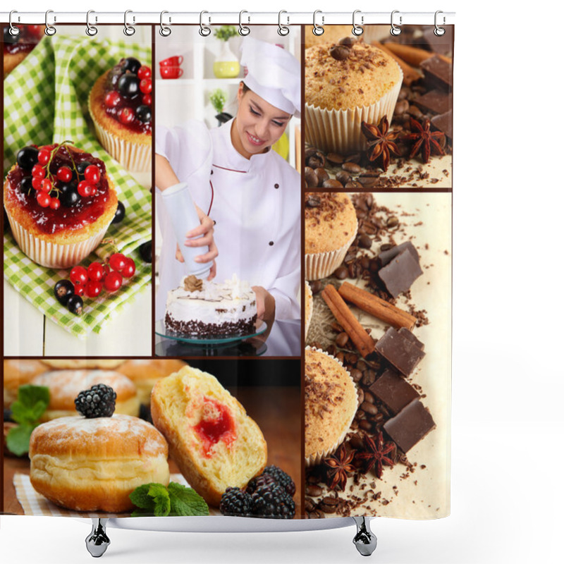 Personality  Collage Of Confectionery Theme Consisting Of Delicious Pastries And Cook Shower Curtains