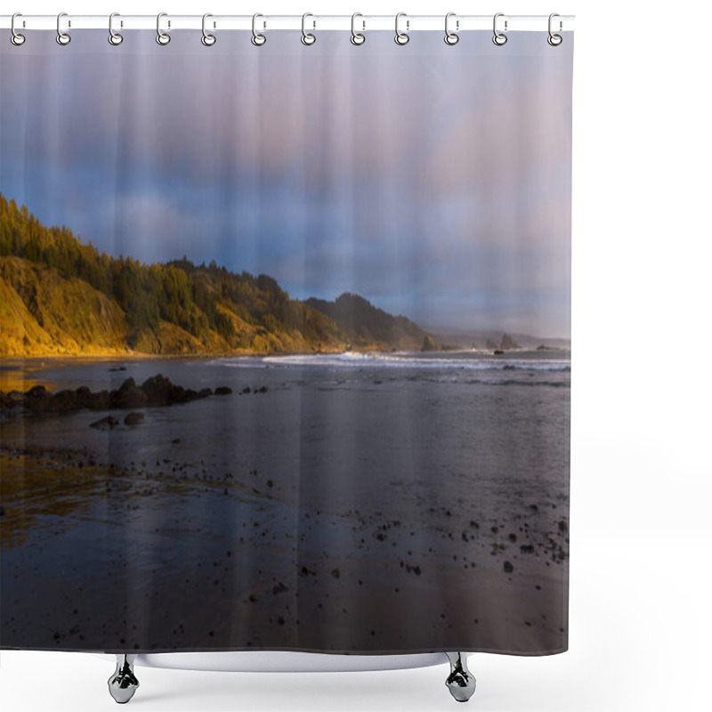 Personality  Soft Afternoon Light Brightening A Section Of The Hillside And Trees And Adding A Bit Of A Reflection On The Wet Sand At The North Section Of Myers Creek Beach In Oregon Known As Hunters Cove Shower Curtains