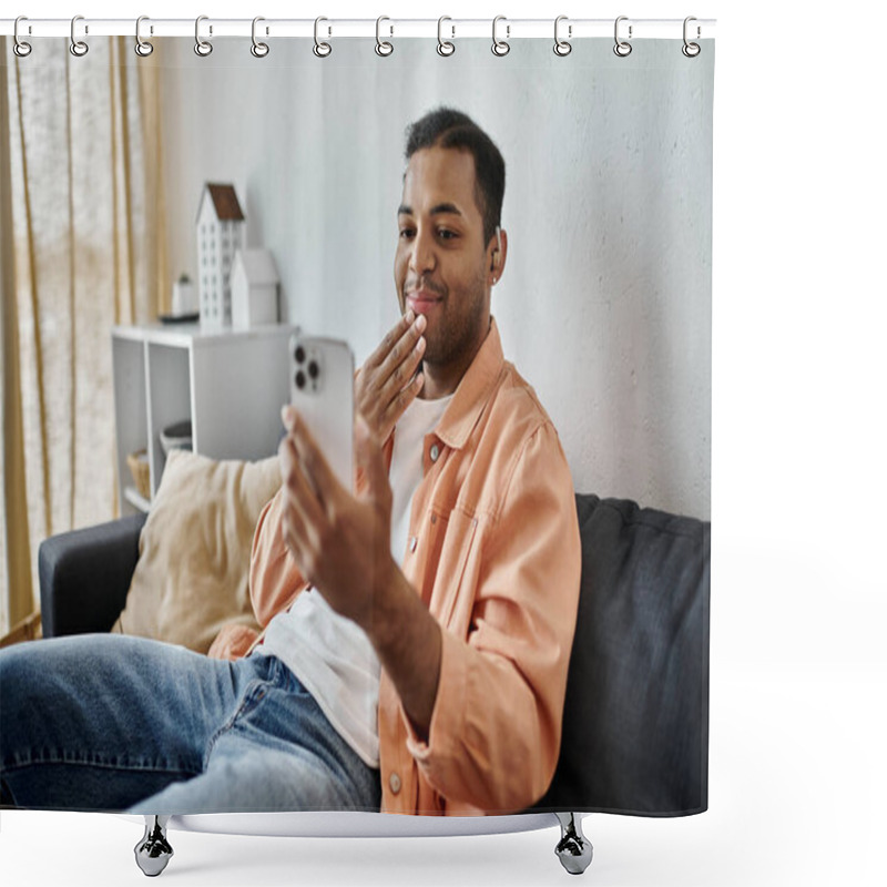 Personality  An African American Man Sits On A Couch In His Home And Talks On A Video Call, Smiling As He Signs To The Person On The Other End. Shower Curtains