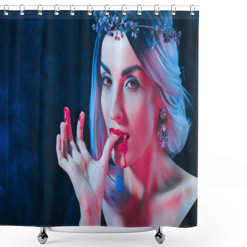 Personality  Attractive Vampire Licking Bloody Fingers On Dark Background With Smoke  Shower Curtains