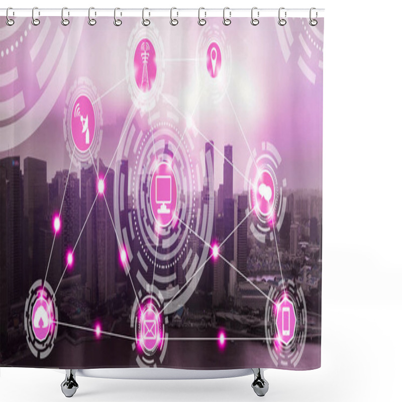 Personality  Smart City Wireless Communication Network With Graphic Showing Concept Of Internet Of Things ( IOT ) And Information Communication Technology ( ICT ) Against Modern City Buildings In The Background. Shower Curtains