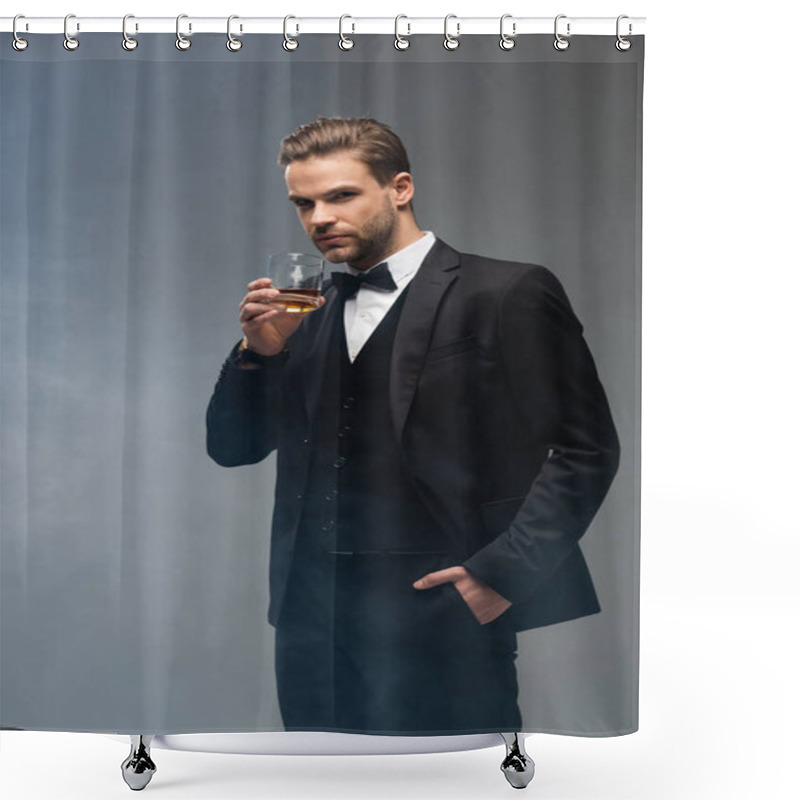 Personality  Elegant Businessman Standing With Hand In Pocket While Holding Whiskey On Grey Background With Smoke Shower Curtains