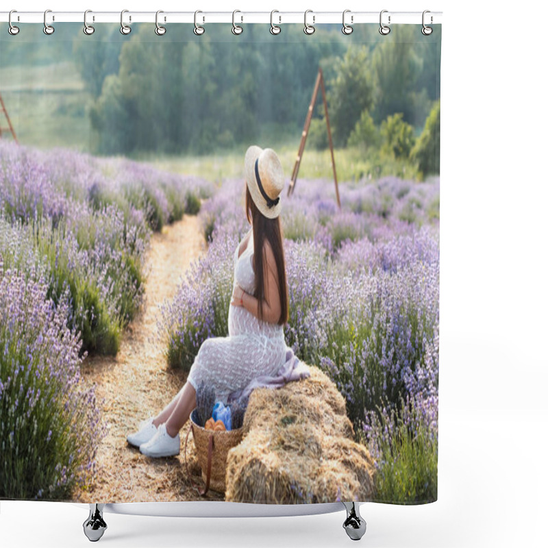 Personality  Side View Of Pregnant Woman Sitting On Hay Bale In Violet Lavender Field Shower Curtains