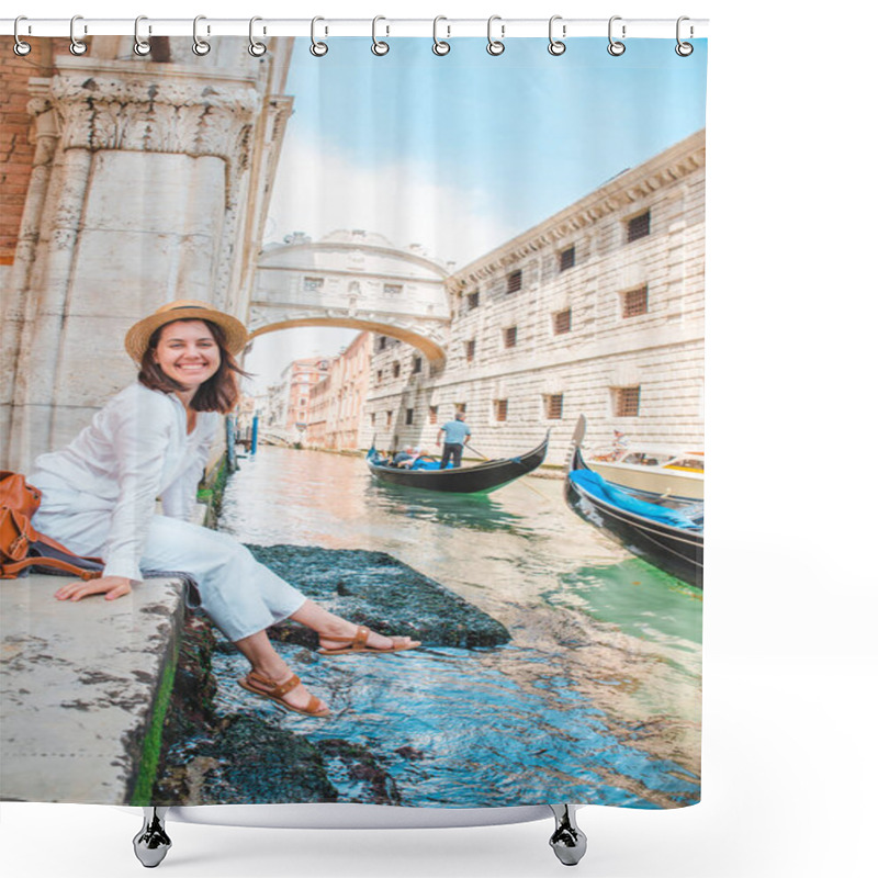 Personality  Woman Sitting At City Quay At Venice Italy Enjoying The View Of Canals With Gondolas Shower Curtains