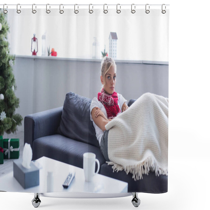 Personality  Diseased Woman On Sofa Under Warm Blanket Near Christmas Tree On Background Shower Curtains