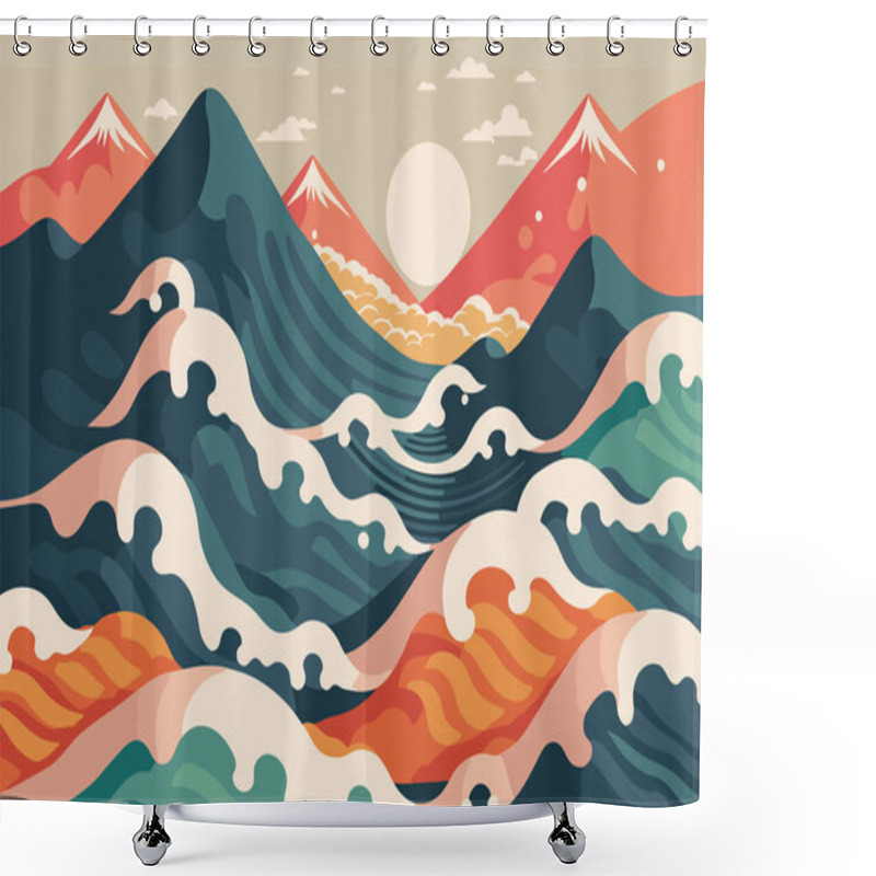 Personality  Illustration Big Ocean Wave With Sun Poster In Japanese Style Vector For Wall Art Print Design Template Shower Curtains