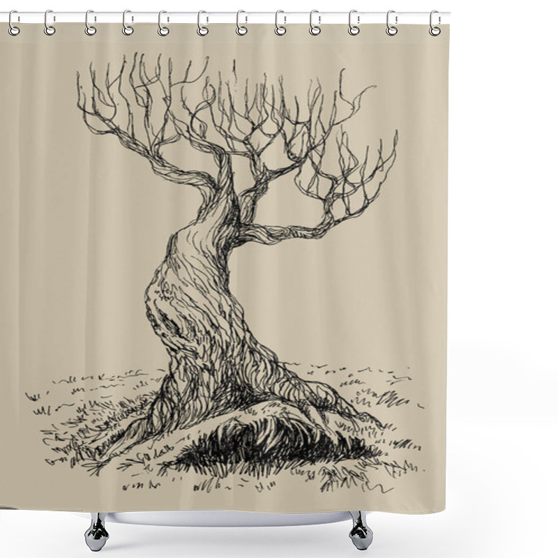 Personality  Hand Drawn Vector Illustration Of Old Mystical Tree. Isolated Illustration Engraved Style. Retro Style. Shower Curtains