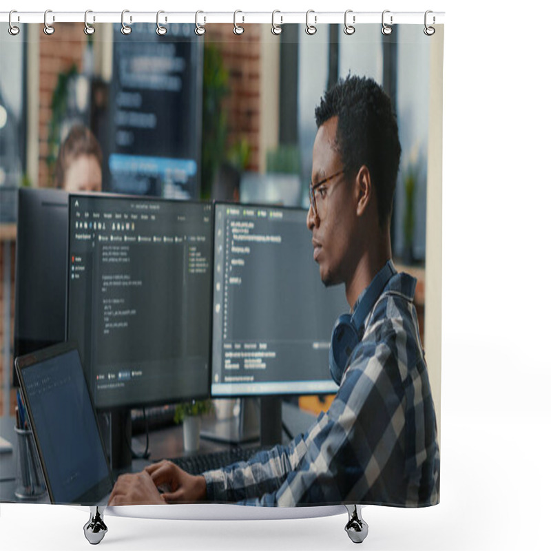 Personality  Sofware Developer Thinking While Touching Beard While Typing On Laptop Sitting At Desk With Multiple Screens Shower Curtains