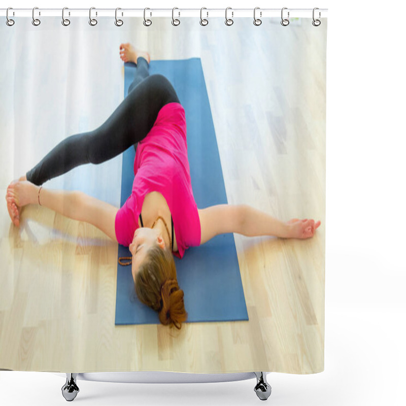 Personality  Young Woman Practicing Supine Spinale Twist Lying On Her Back Shower Curtains