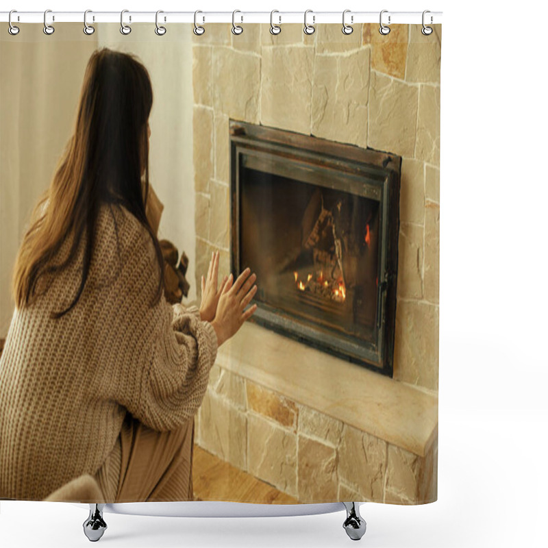 Personality  Woman In Cozy Sweater Warming Up Hands At Fireplace In Rustic Room. Young Stylish  Female Sitting At Fireplace In Farmhouse. Fireplace Heating In Winter, Alternative To Gas And Electricity. Shower Curtains