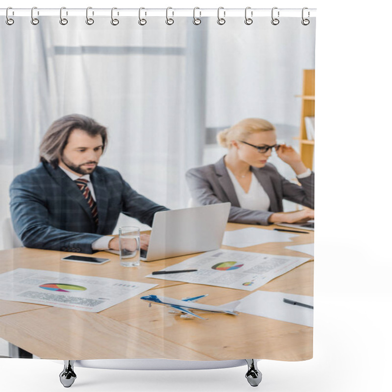 Personality  Office Workers Using Laptops With Small Toy Airplane At Wooden Table In Office Shower Curtains