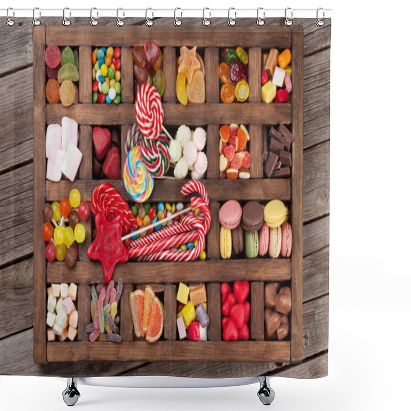 Personality  Colorful Sweets Box. Lollipops, Macaroons, Marshmallow, Marmalade And Candies. Top View Shower Curtains