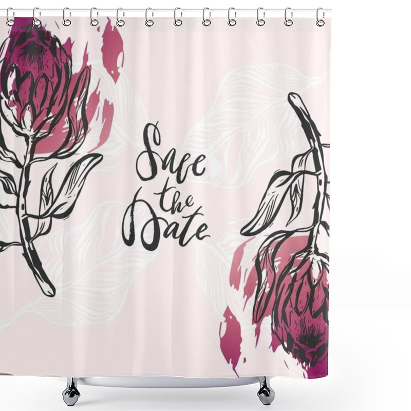 Personality  Hand Drawn Vector Graphic Floral Set Of Ink Protea Flowers Isolated On White Background.Design Decoration Elements For Greeting,save The Date,birthday Cards. Shower Curtains