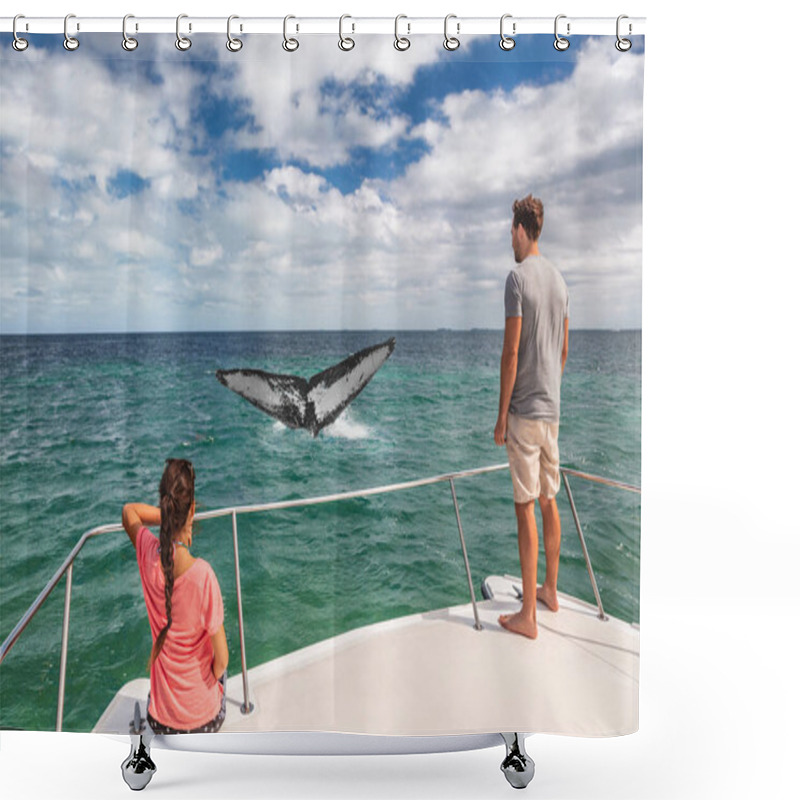 Personality  Whale Watching Boat Tour Tourists People On Ship Looking At Humpback Tail Breaching Ocean In Tropical Destination, Summer Travel Vacation. Couple On Deck Of Catamaran Shower Curtains