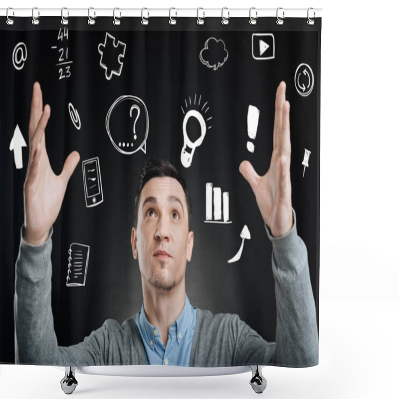 Personality  Emotional Employee Putting His Hands Up While Getting A Great Idea Shower Curtains