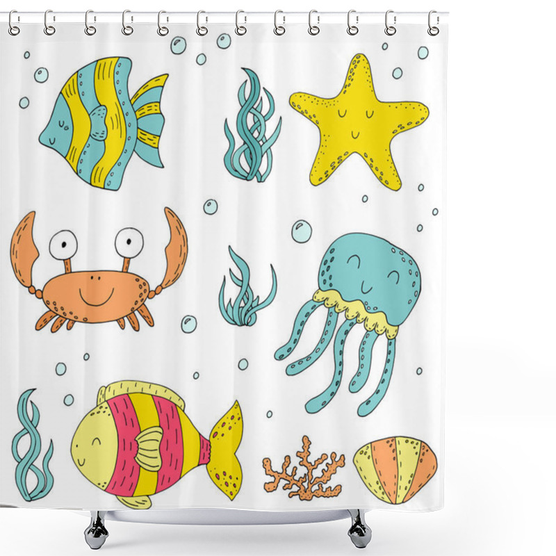 Personality  Illustration Vector Doodle Set Of Elements Of Marine Life. Underwater World Collection. Icons And Symbols Hand Drawing Sketch Shower Curtains