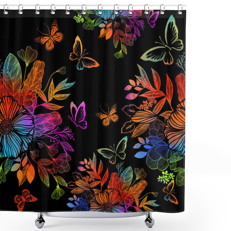 Personality  Rainbow Abstract Flower With Butterflies. Mixed Media. Seamless Background. Vector Illustration Shower Curtains