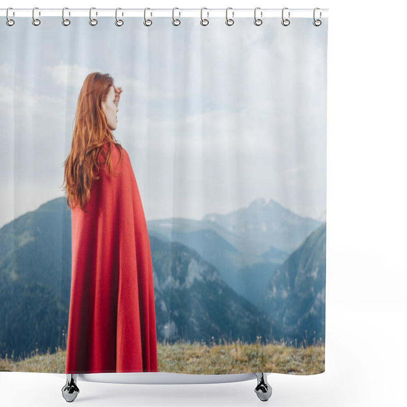 Personality  A Woman Looks At The Mountains In Nature And A Red Plaid On Her Shoulders Shower Curtains