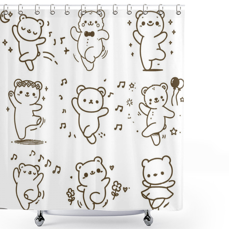 Personality  Cute Dancing Bears Collection With Musical Notes In Minimalist Contour Style Shower Curtains