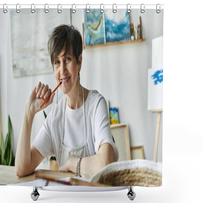 Personality  A Painter Smiles Thoughtfully While Taking A Break In Her Vibrant Art Studio. Shower Curtains