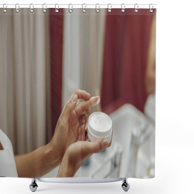 Personality  Close Up Of Womans Hands Holding Moisturizer Bottle While Standing In Bathroom. High Quality Photo Shower Curtains