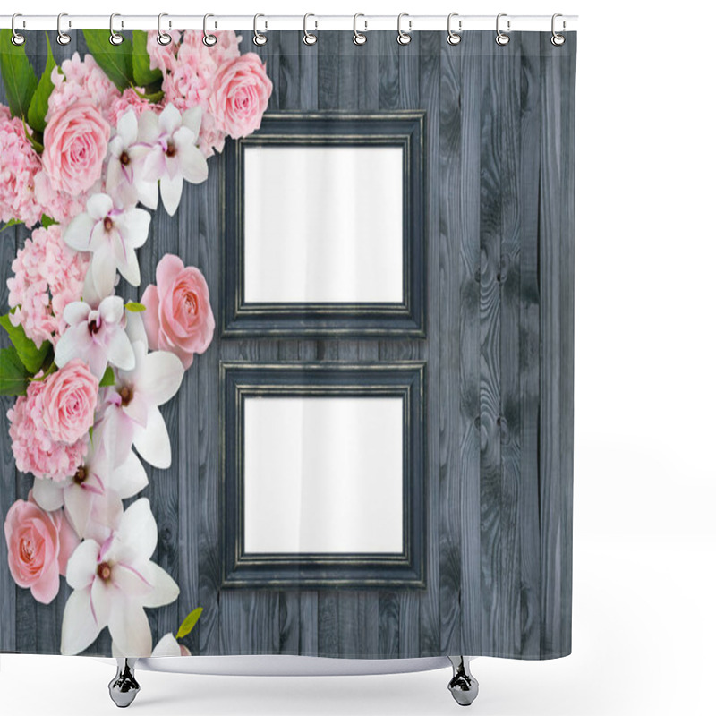 Personality  Photo Frames With Magnolia, Roses And Hortensia Shower Curtains