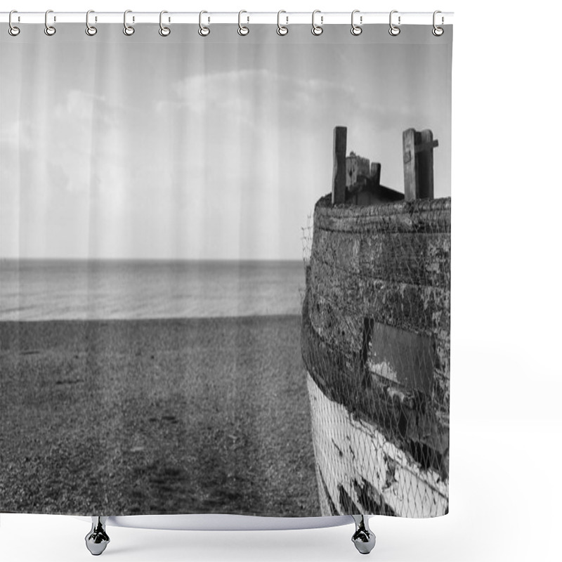 Personality  Old Abandoned Fishing Boat On Beach In Monochrome Tones Shower Curtains