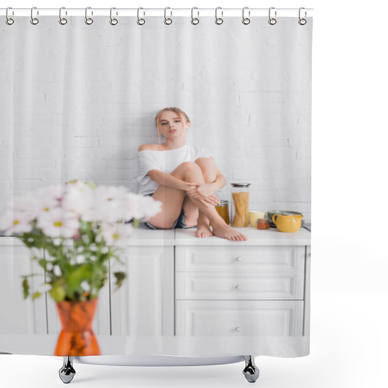 Personality  Selective Focus Of Blonde Barefoot Woman Sitting On Table In Kitchen Near Wall Shower Curtains