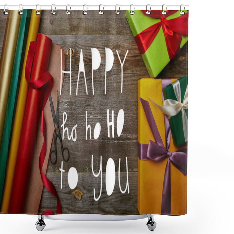 Personality  Top View Of Arrangement Of Wrapping Papers, Christmas Presents With Ribbons And Scissors On Wooden Tabletop With 