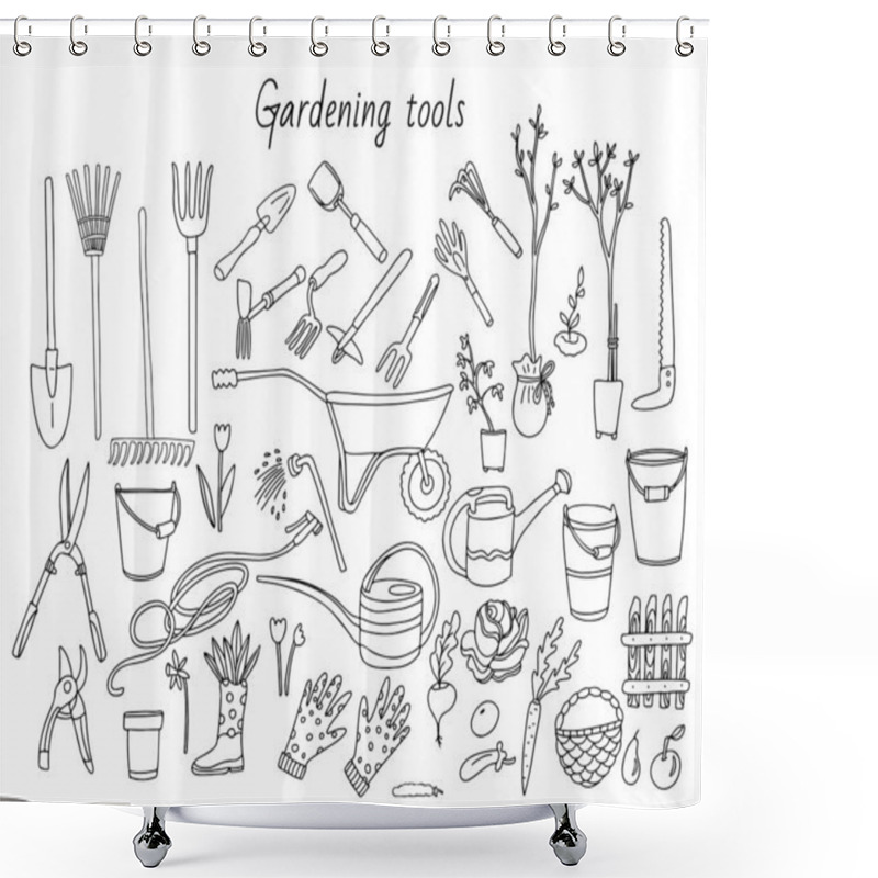 Personality  Big Set With Gardening Tools. Watering Can, Hoe, Bucket, Hose, Pitchfork, Shovel, Wheelbarrow, Trowel, Pruner, Seedling Tree, Garden Fork, Rake, Fence. Vector Doodle Illustration Isolated On White. Shower Curtains