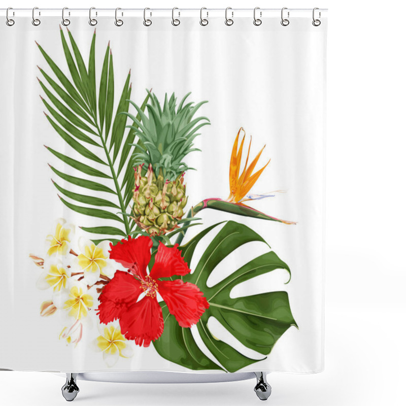 Personality  Summer Tropical Bouquet With Red Hibiscus Flowers, Strelitzia, Plumeria, Pineapple, Monstera And Palm Leaves. Stock Vector Illustration On A White Background. Shower Curtains