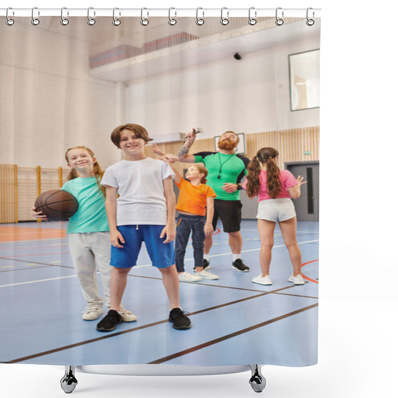 Personality  A Diverse Group Of Young Children Stand Confidently On Top Of A Basketball Court, Soaking In The Energy Of The Moment As They Listen Attentively To Their Male Teachers Instructions. Shower Curtains