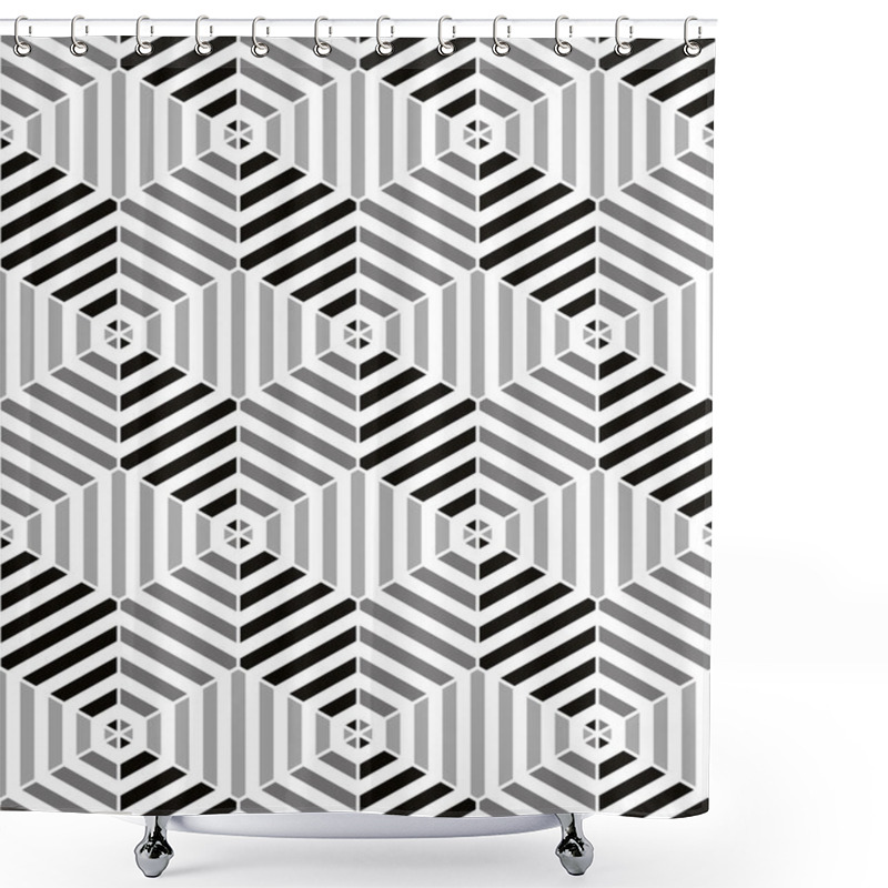 Personality  Lined Cubes Seamless Pattern, Black And White Vector Background. Shower Curtains