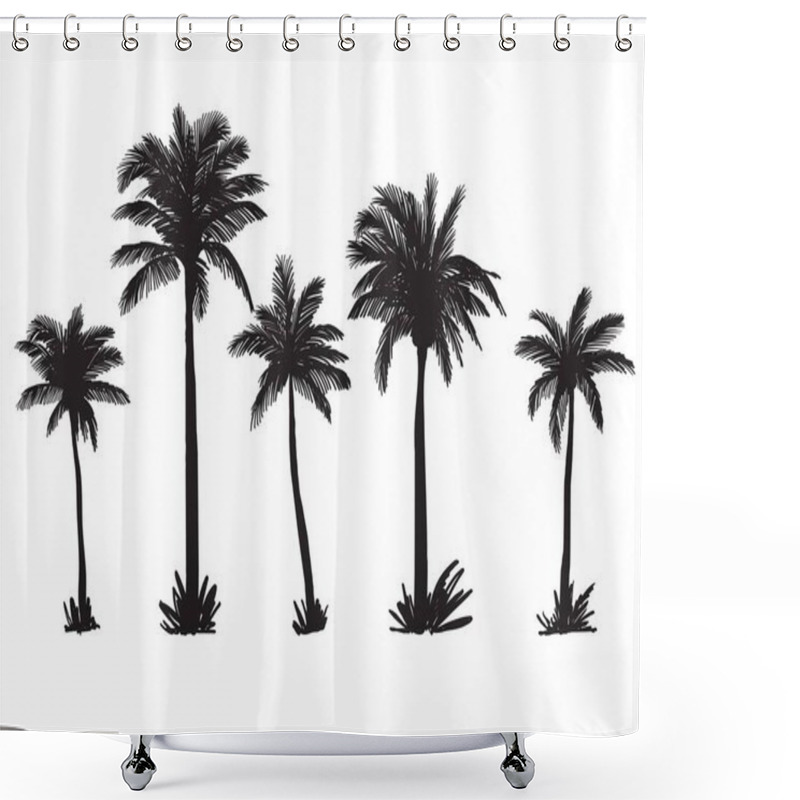 Personality  Silhouettes Of Palm Trees On A Wild Beach. Vector Sketch On White Background Shower Curtains