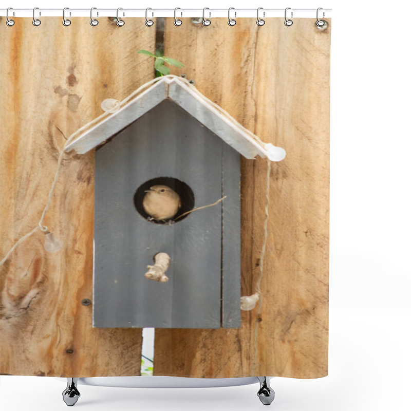 Personality  Bird In A Birdhouse Mounted On A Wooden Fence Shower Curtains