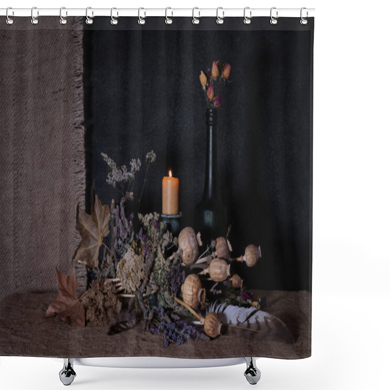 Personality  Still Life. Background. Phyto Composition. Desktop Screensaver. Phyto Design. Poppy Fruits. Poppy Heads. Dry Flowers. Medicinal Plants. Field Flowers. Shower Curtains