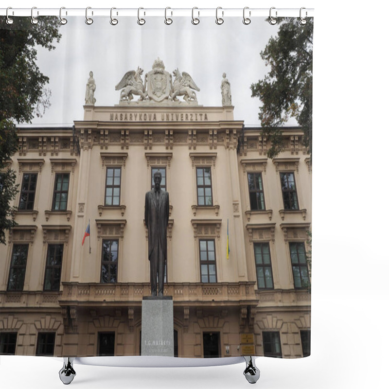 Personality  BRNO, CZECH REPUBLIC - CIRCA SEPTEMBER 2022: Masarykova Univerzita Translation Masaryk University And Statue Of Tomas Garrigue Masaryk Shower Curtains