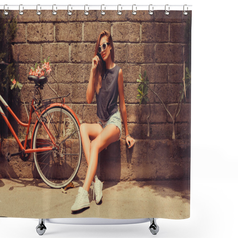 Personality  Girl  Posing With Red Bicycle Shower Curtains