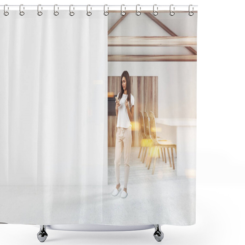 Personality  Attic Kitchen Interior With White Walls And Floor, Panoramic Windows And Wooden Countertops. A Woman 3d Rendering Toned Image A Mock Up Wall To The Left Shower Curtains