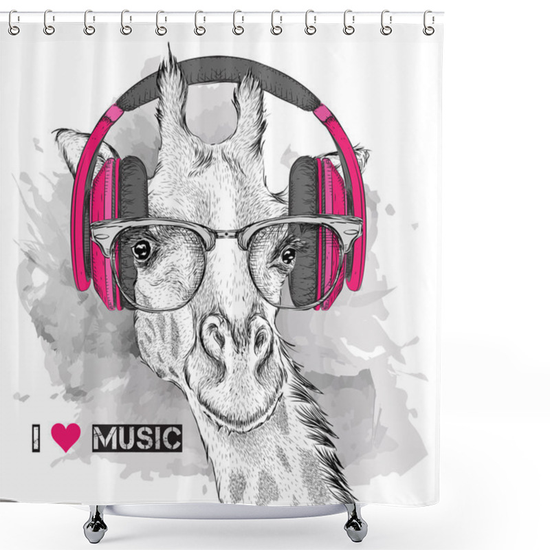 Personality  The Image Of The Giraffe In The Glasses And Headphones. Vector Illustration. Shower Curtains